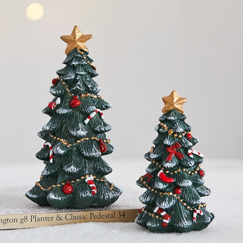 Mini Kerstboom Hars Bureau Ornamenten Met Sneeuweffect Gouden Ster Rode Boog Suikerriet Voor Vakantie Tafel Decoratie Thuis