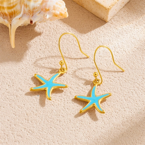 Collar Y Pendientes De Estrella De Mar Concha Acero Inoxidable Chapado En Oro Esmalte Azul Vacaciones Playa Verano Mujer