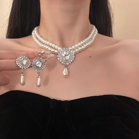 Gioielli Con Künstliche Perle Sintetiche Barocche Collana A Doppio Strato E Orecchini Di Strass A Goccia Con Perno In Argento Per Donna
