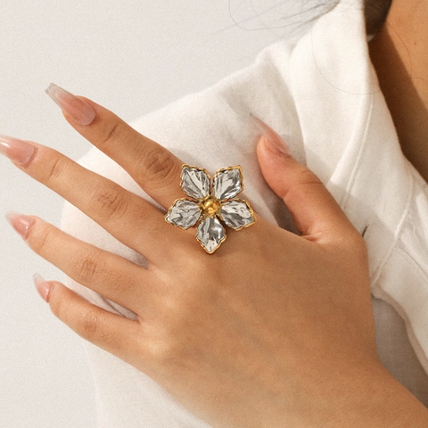 Anello Aperto Fiore Acciaio Inossidabile Colore Misto Oro Argento Con Perla Artificiale Gioielli Dichiarazione Regolabili