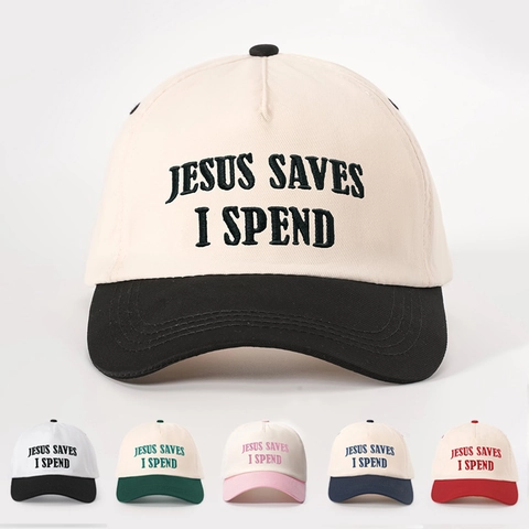 Casquette De Baseball Broderie Jesus Saves I Spend Vintage Color Block Polyester Coton Réglable Pare Soleil Chapeau