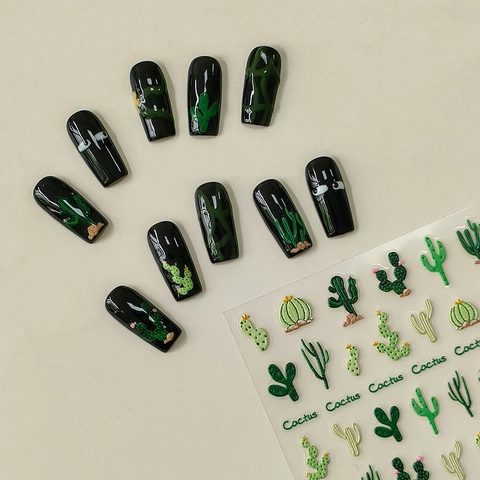 Cactus 5D Embossed Nail Art Stickers Relief DIY Manicure Decals Green Cartoon Plants PET Decoration