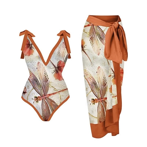 Women Swimsuit And Wrap Skirt Dragonfly Floral Print Tie Straps V Neck Beach Vacation Beachwear Polyester