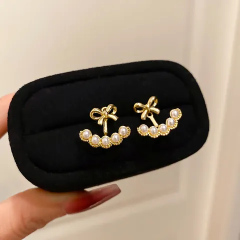 Orecchini A Lobo Con Fiocco E Künstliche Perle Con Perno In Argento Placcato Oro 18K Künstliche Perle Di Imitazione A Ventaglio Gioielli Eleganti Retro Per Donna
