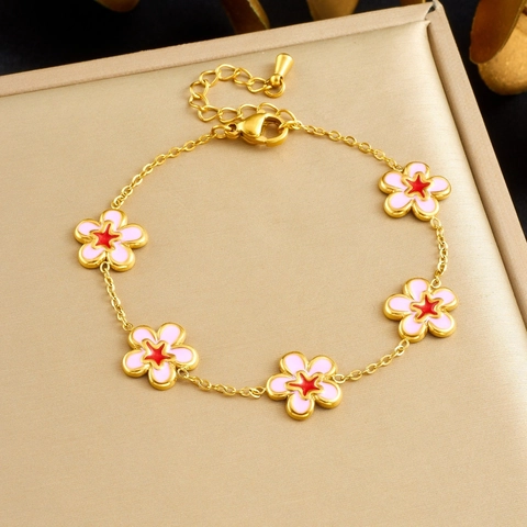 Floral Jewelry Necklace Bracelet Earrings Stainless Steel Gold Plated Pink Enamel Peach Flower Sweet Style Women