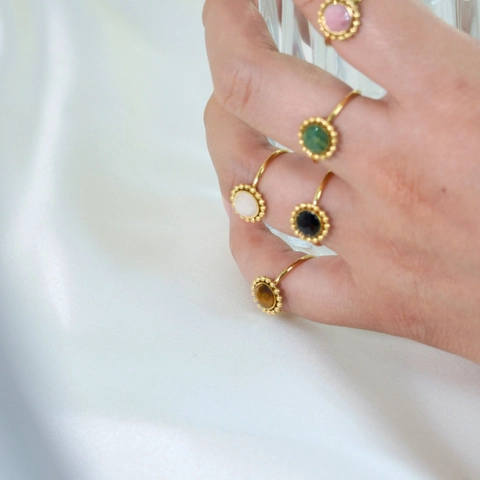French Retro Natural Stone Open Ring Stainless Steel Adjustable Colorful Gemstone Beaded Edge Polished Jewelry For Women