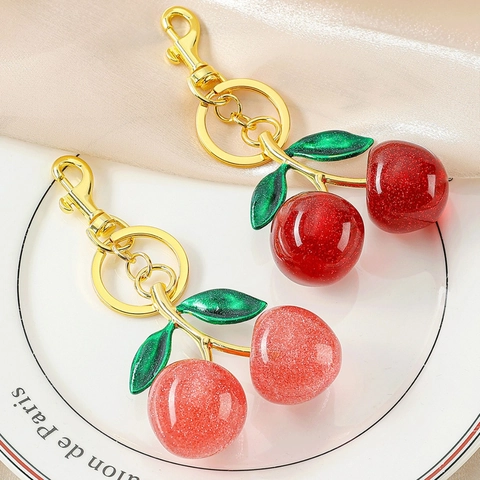 Cherry Keychain Resin Glitter Fruit Bag Charm For Women Girls Alloy Gold Key Ring Pendant Cute Fashion Accessory