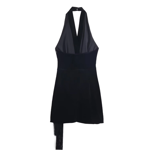Halter Neck Mini Dress Velvet Tassel Backless Deep V Sleeveless Sexy Party Solid Black Fashion For Women Evening Club