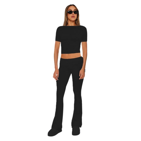 Women Solid Color Short Sleeve Top And Bottom Flare Pants Casual Patchwork Trendy Streetwear Loose Fitting Polyester Outfits