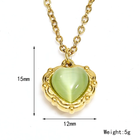 Collier Pendentif Cœur Vintage Plaqué Or 18K Acier Inoxydable Pierre Œil De Chat Bijoux Style Français Femmes