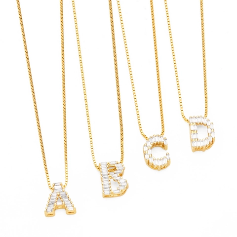 Initial Letter Pendant Necklace 18K Gold Plated Brass Baguette Zircon Fashion Jewelry For Women