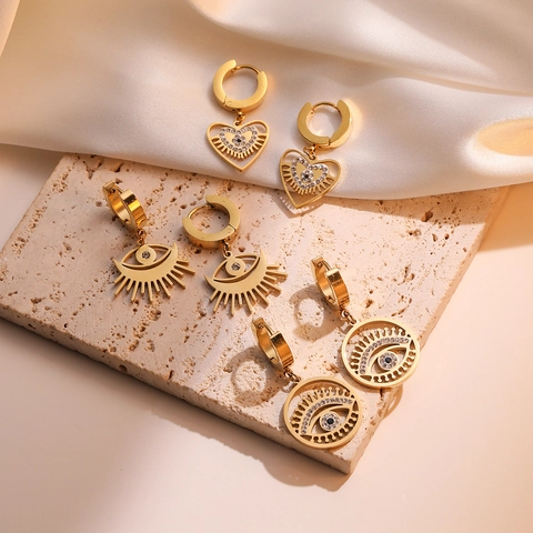 Evil Eye Creolen Gold Vergoldet Edelstahl Hohlherz Rund Sonnenstrahl Strass Vintage Schmuck Damen