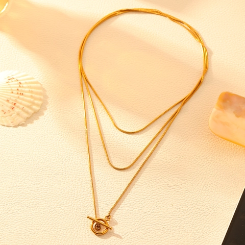 Collar De Acero Inoxidable De Capas Cadena De Serpiente Redonda Con Cierre De Barra Oro De 18K Joyería De Moda Para Mujer