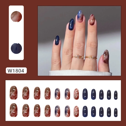 Uñas Postizas Press On ABS Brillante Patrón Mármol Tie Dye Forma Ovalada Desmontable Manicura Vintage Chic Para Mujeres