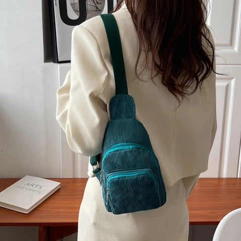 Cord Brusttasche Crossbody Hüfttasche Verstellbarer Gurt Mehrere Reißverschlusstaschen Polyesterfutter Lässig Vintage Frauen