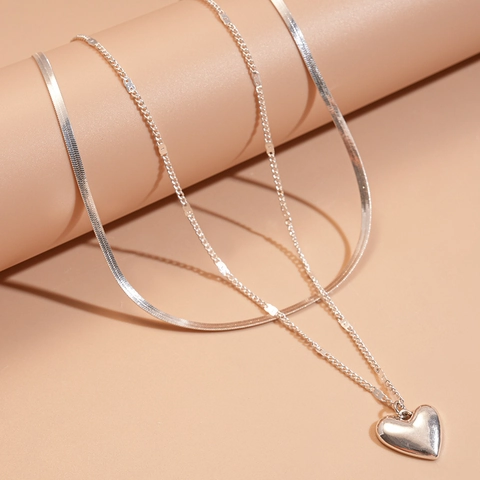Dubbellaagse Ketting Legering Zilver Hart Hanger Slangenketting Minimalistische Elegante Mode-Sieraden Voor Vrouwen