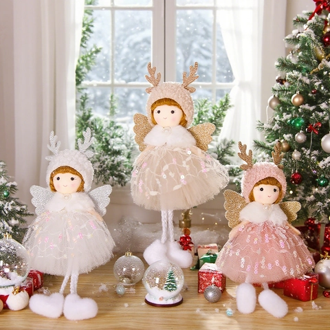 Ornamento Appeso Angelo Di Natale Ragazza Peluche Corna Di Renna Paillettes Ali In Rete Bambola Decorazione Albero Regalo