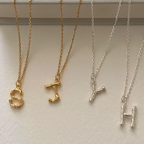 Alphabet Pendant Necklace 925 Sterling Silver Gold Plated Bamboo Texture Initial Letter Jewelry For Women Chic Fashion