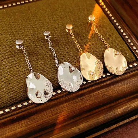 Irregular Textured Water Drop Dangle Earrings With Zircon Inlay Long Chain Copper Jewelry And Silver Earring Post Elegant