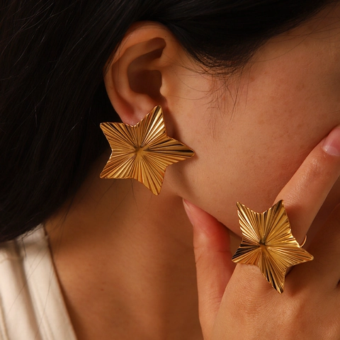 Bijoux en Acier Inoxydable Boucles d'Oreilles Étoile Pentagramme Et Bague Réglable pour Femmes Texture Radiale Accessoires
