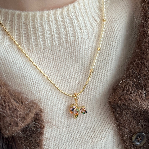 Colorful Zircon Pony Necklace And Earrings Copper Jewelry With Artificial Pearls And Silver Earring Post For Women