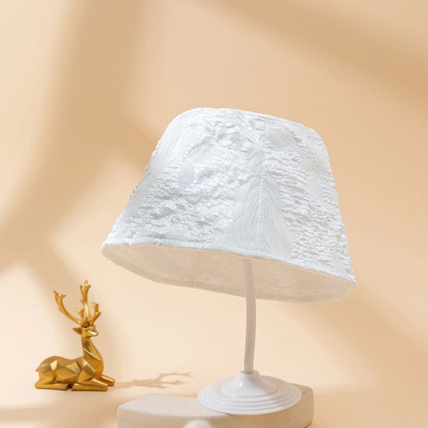 Sombrero De Pescador Mujer Plisado Jacquard Patrón Hoja Protección Solar Ajustable Poliéster Estilo Japonés Elegante Blanco