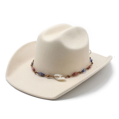 Chapeau De Cowboy Occidental Feutre De Laine Large Bord Relevé Bande Perlée Décorative Style Ethnique Vintage Jazz Fedora