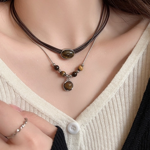 Tiger Eye Stone Pendant Necklace Geometric Retro Style Jewelry Alloy Wax Rope Accessory For Women