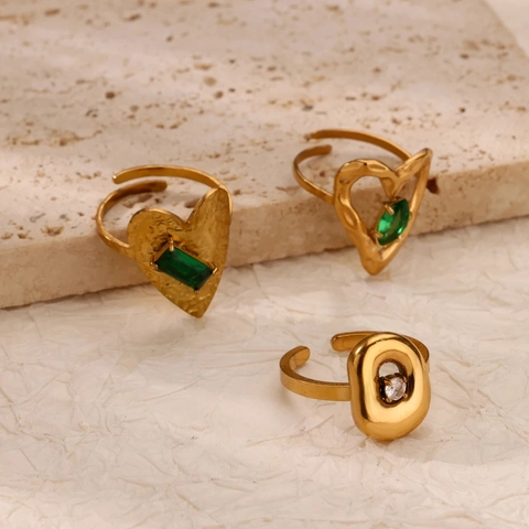 Vintage Gold Plated Copper Open Rings For Women Green Rhinestone Heart Geometric Flower Adjustable Jewelry Gift