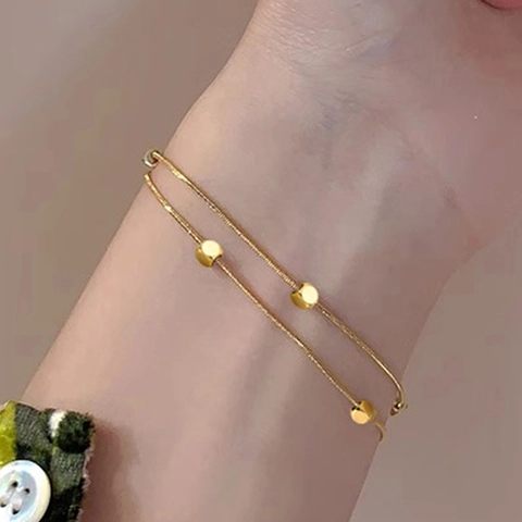 Bracelet À Double Chaîne Serpent Plaqué Or Acier Inoxydable Perles Cubiques Bijoux Géométriques Pour Femmes