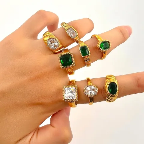 Stainless Steel Open Ring For Women Vintage Gold Plated Geometric Zirconia Emerald Green White Crystal Adjustable Finger Ring