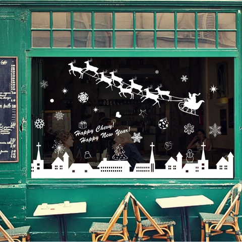 Christmas Window Stickers PVC Reindeer Santa Claus Snowflake Village Silhouette Removable Festive New Year Glass Decor