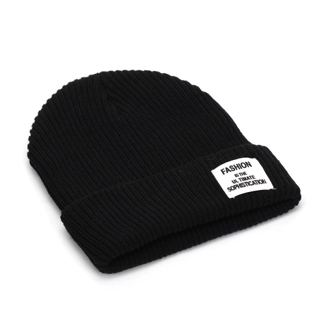 Gorro Beanie Acrílico Tejido De Canalé Dobladillo Invierno Cálido Color Sólido Parche De Letras Minimalista Unisex