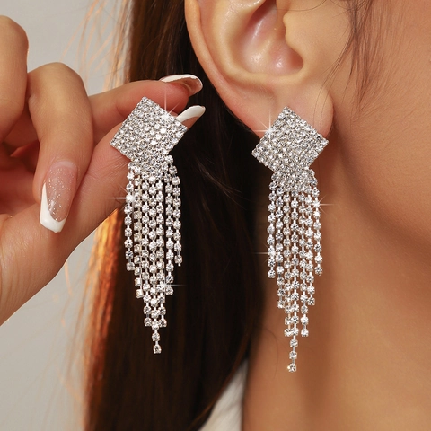 Elegant Copper Long Tassel Drop Earrings With Rhinestone Inlaid Geometric Square Dangle Earrings For Wedding Party Women Jewelry