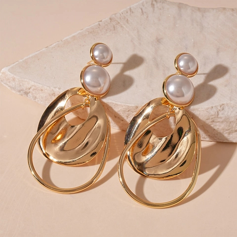 Geometric Irregular Drop Earrings With Faux Artificial Pearl Alloy Gold Plated Silver Earring Post Vintage Minimalist For Women