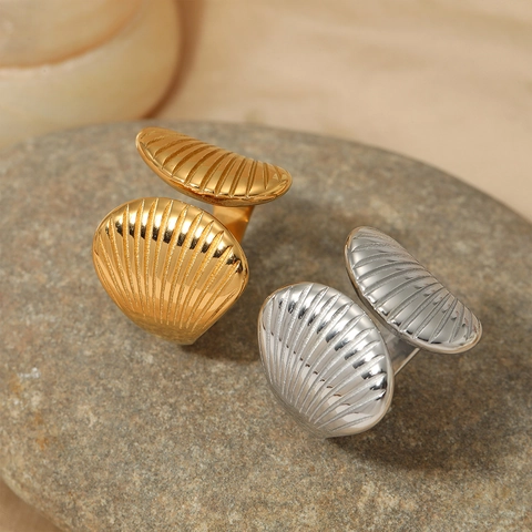 Stainless Steel Shell Shape Adjustable Ring Fan Textured Open Band Minimalist Ocean Style Jewelry For Women