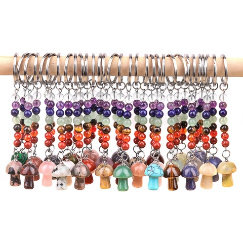 Portachiavi Fungo in Pietra Naturale Con Perline di Cristallo Curative 7 Chakra Ciondolo in Lega per Borsa Zaino Accessorio Regalo Uomo Donna