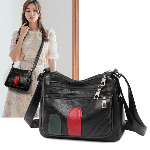 Sac Bandoulière Femme En Cuir PU Texture Litchi Multi Poches Triple Fermeture Éclair Rayures Rouge Vert Mode Décontracté