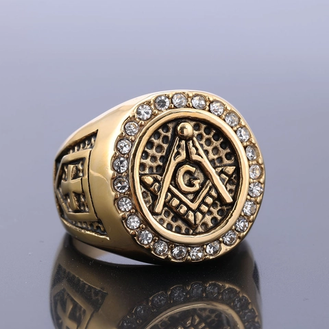 Freimaurer Ring Edelstahl Mit Zirkon Kreuz Retro Punk Stil Schmuck Für Männer Goldfarben