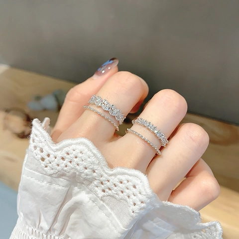 Zircon Flower Petal Ring Copper Double Layer Adjustable Opening Light Luxury Jewelry For Women