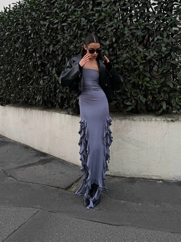 Women Sexy Strapless Ruched Midi Dress Ruffle High Split Slim Fit Polyester Elastane Party Vacation Clubwear Solid Color