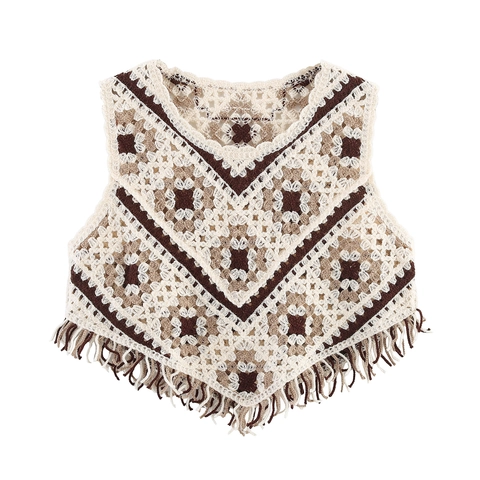 Dames Boho Gehaakt Vest Polyester Geometrisch V-Hals Mouwloze Gebreide Top Met Kwastjes Vintage