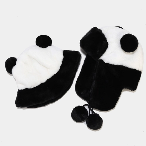 Cute Panda Plush Hat Faux Fur Warm Winter Bucket Hat And Trapper Hat With Ears For Women