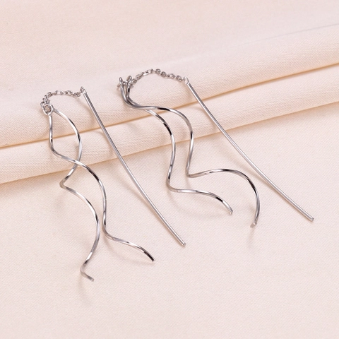 925 Sterling Silver Long Ear Threader Earrings Double Helix Spiral Wave Geometric Minimalist Jewelry For Women