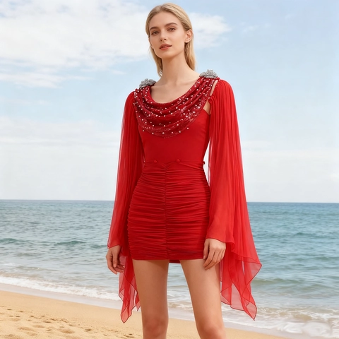 Sexy Rood Geplooid Mini-Jurk Met Kunstparel Strass V-Hals En Chiffon Kaap Mouwen Voor Dames Feest Avond Nachtclub Elegant