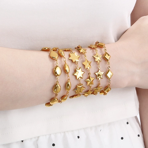 Bracciale a Stella in Acciaio Inossidabile di Moda per Donna Placcato in Oro Geometrico Rombo Ovale Patchwork Catena Gioielli