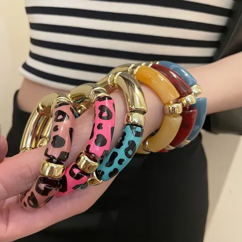 Pulseras Apilables Tubo Bambú Estampado Leopardo Textura Mármol Lunares Resina Acrílica Aleación Metal Elástico Bohemio Mujeres