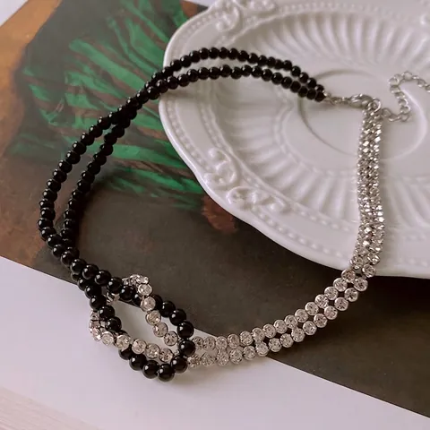 Collier Choker Double Couche Alliage Strass Et Perles Noires Design Nœud Vintage Élégant Pour Femmes