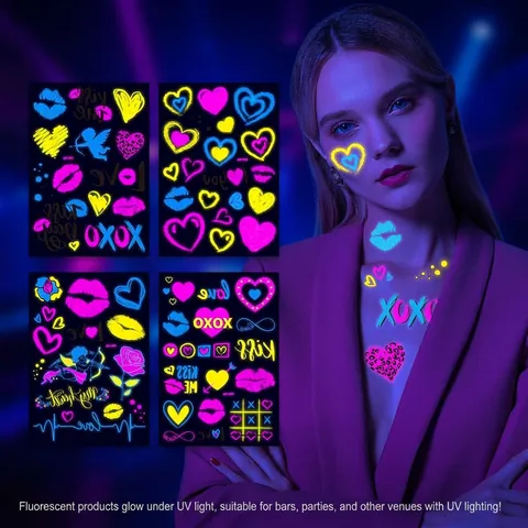 Fluorescent Temporary Tattoo Stickers UV Reactive Neon Heart Lip Print Waterproof Body Art For Party Nightclub Festival