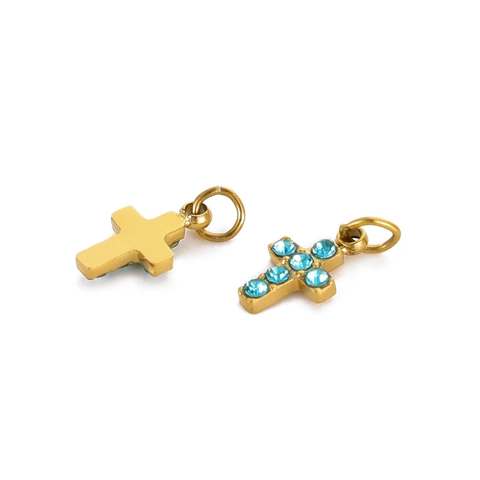 Mini Cross Charms Gold Plated Titanium Steel With Colorful Rhinestones Tiny Pendants For DIY Jewelry Making Findings